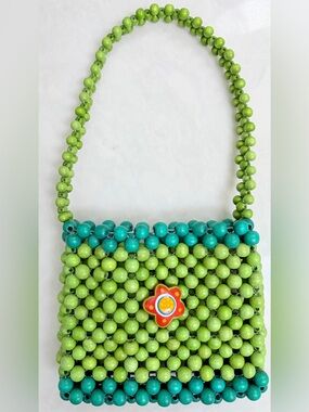 Vtg Tatiri Wooden Beaded Mini Purse Kidcore Flower Charm Lime Green Teal Y2K